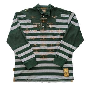 Y2K Akademiks green & gray striped Native, long sleeve 3 button rugby shirt. 2XL